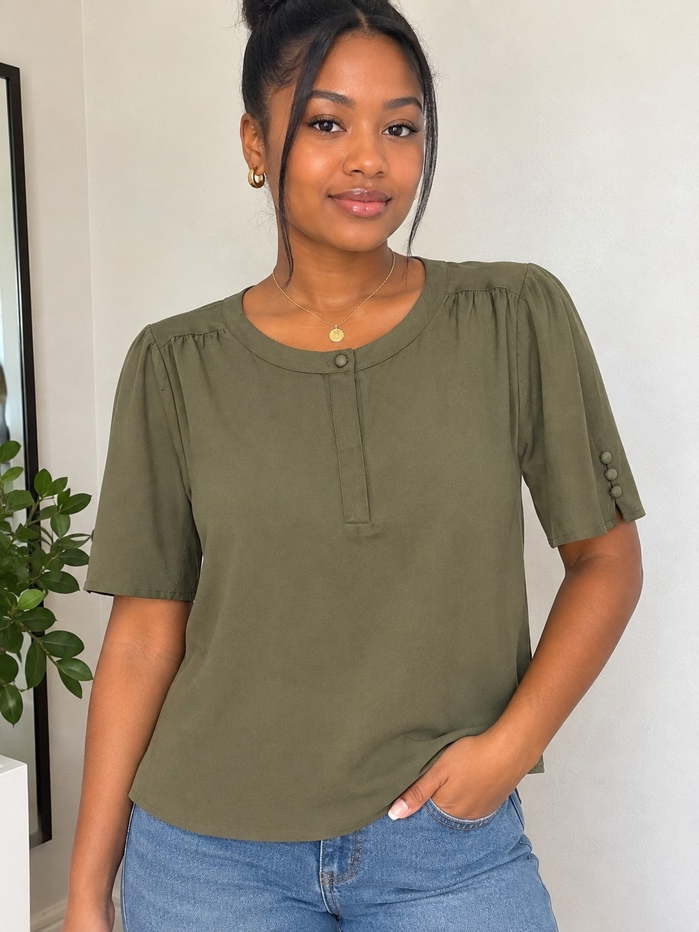 Olive Green Short Sleeve Henley Top